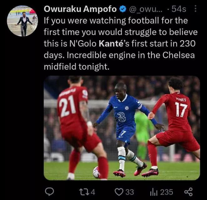 CHE vs LIV: Why N'golo Kanté Was Trending During 1st Half Of Chelsea's EPL Game Against Liverpool.