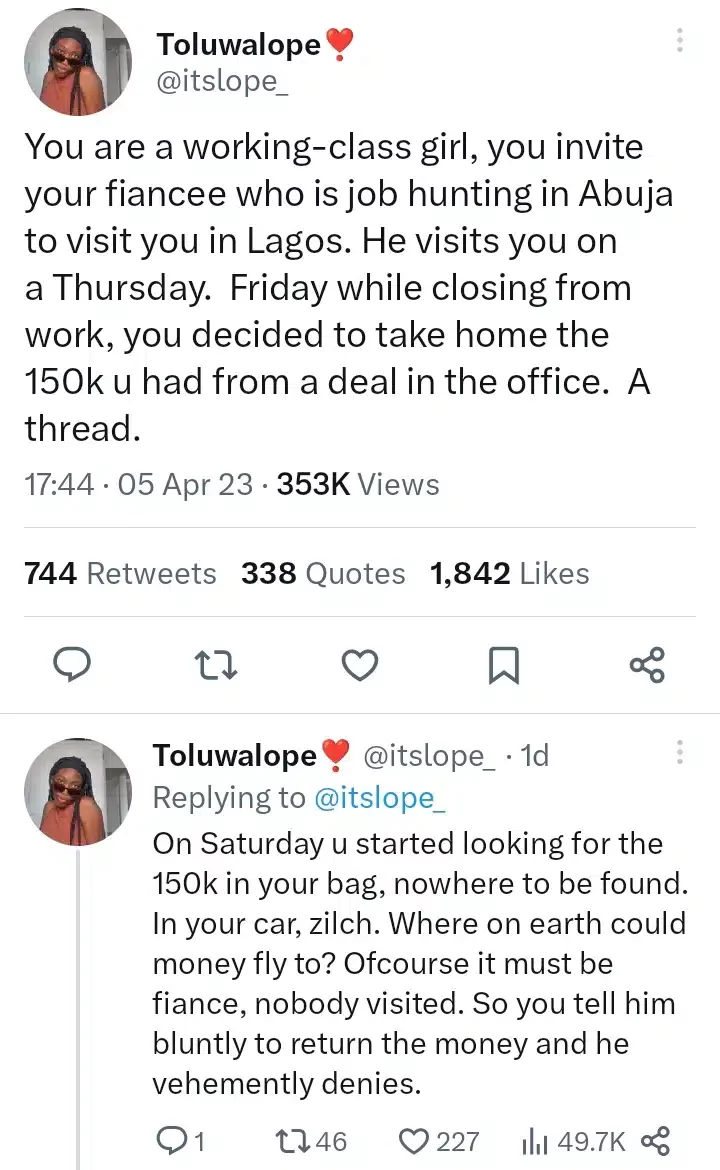 Lady seeks advice after 'mistakenly' accusing unemployed fiancé of stealing N150K