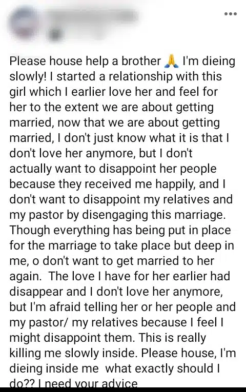 'I'm afraid to tell my fiancée that the love I have for her has disappeared' - Man cries out, seeks advice
