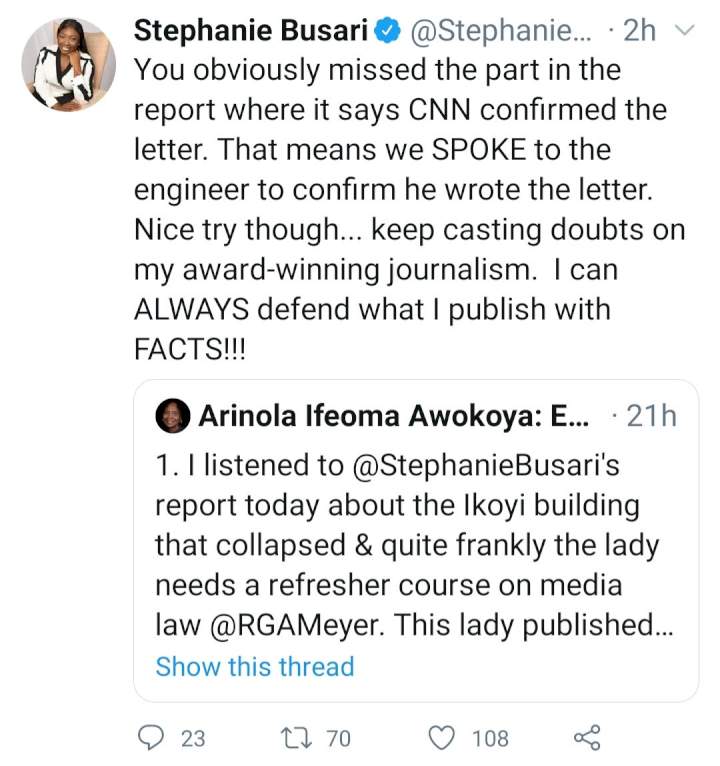 CNN's Stephanie Busari responds after she was called out by lawyer Iyabo Awokoya for her publication on the Ikoyi building collapse