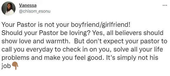 Your Pastor is not your boyfriend/girlfriend. Don't expect your pastor to call you every day to check on you - Nigerian clergywoman tells Nigerians