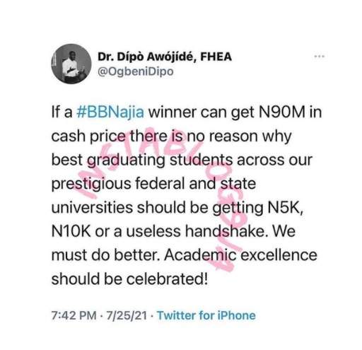 'If a BBNaija winner can get N90m why can't a best graduating student' - Lecturer Dipo Awojide