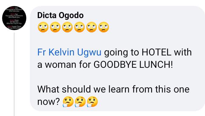 Ask God to purify your dirty mind - Nigerian Catholic priest, Fr. Ugwu replies follower who criticized him for having lunch with a woman in a hotel 