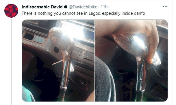 Lagos danfo driver spotted using shower-head as gear stick