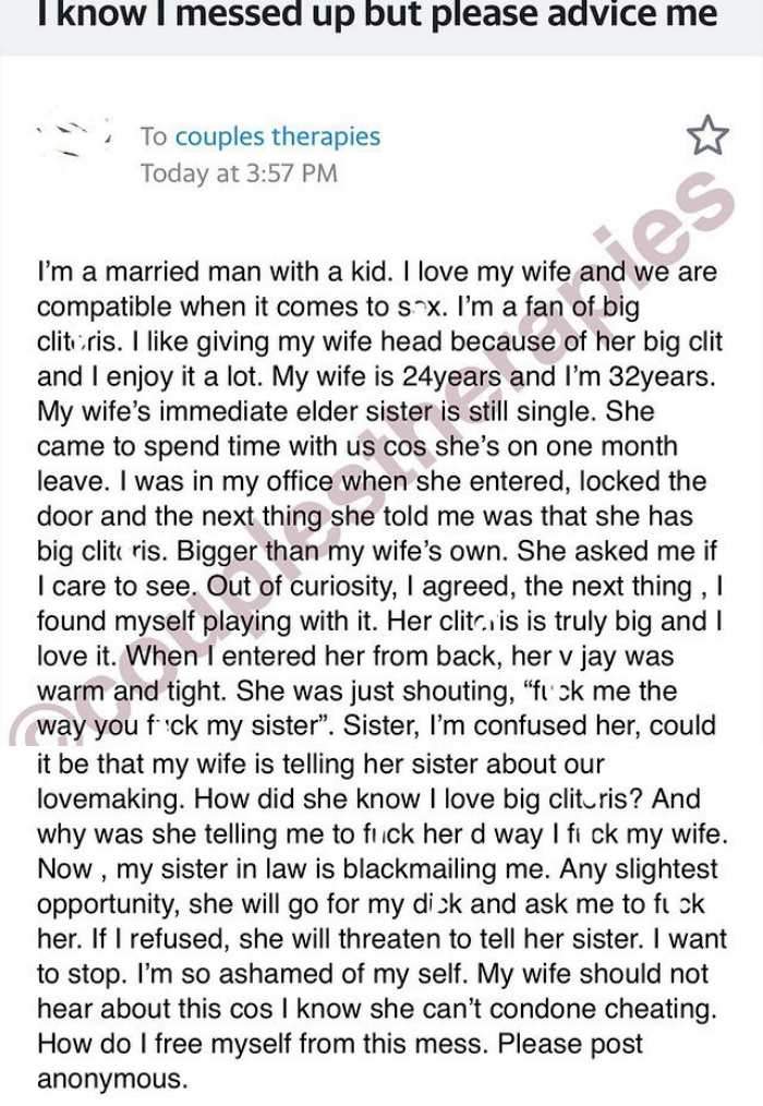 Married Man Cries For Way Out Amidst Blackmail From Sister In Law Whom He Slept With Out Of 5792