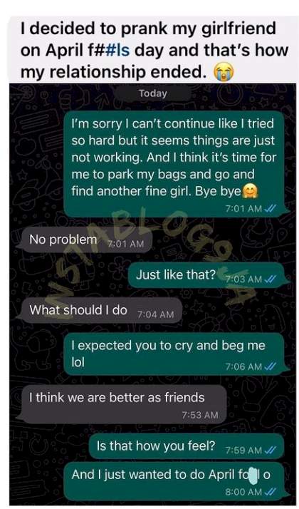 'He made it easier for her' - Reactions as man gets dumped by girlfriend after pranking her on April Fool's Day