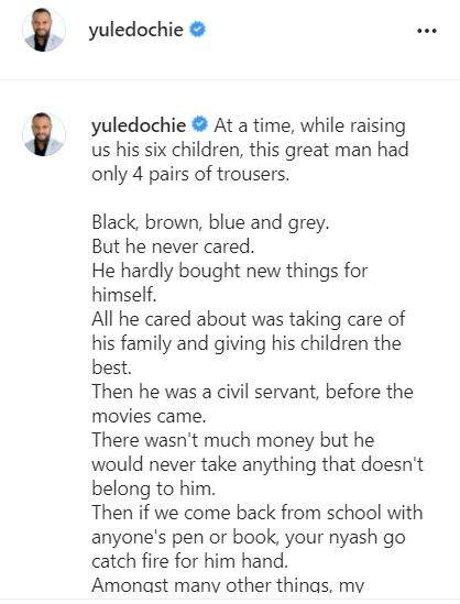 'Pete Edochie once had only 4 pairs of trousers' - Yul Edochie narrates his father's life struggles