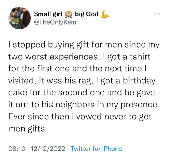 Nigerian lady reveals why she vowed to stop buying gifts for men