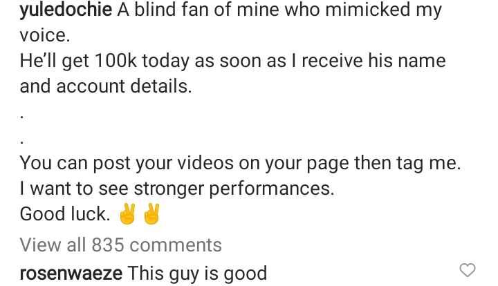 Yul Edochie gives a visually handicapped fan N100,000 for imitating him (Video)