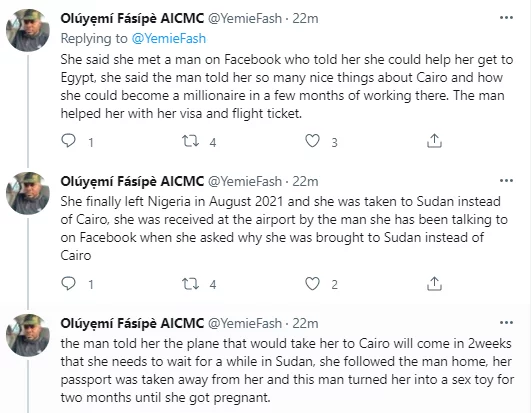 Raped severally by different until she lost her baby - Nigerian lady who was deceived by a man she met online to leave Nigeria for ''Cairo'' shares her sad story