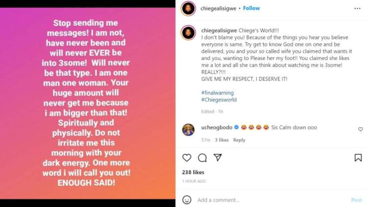 'I am not into threesome' - Actress Chiege Alisigwe threatens to expose married man asking her for it
