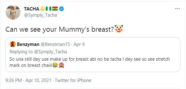 “Can we see your Mummy’s breast?” – Tacha fires at troll who mocked her over stretch marks