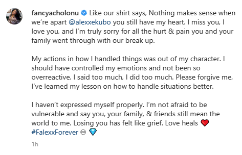 'Nothing makes sense when we're apart, I love you and miss you' - Fancy Acholonu tenders public apology to Alex Ekubo months after she called off their wedding.