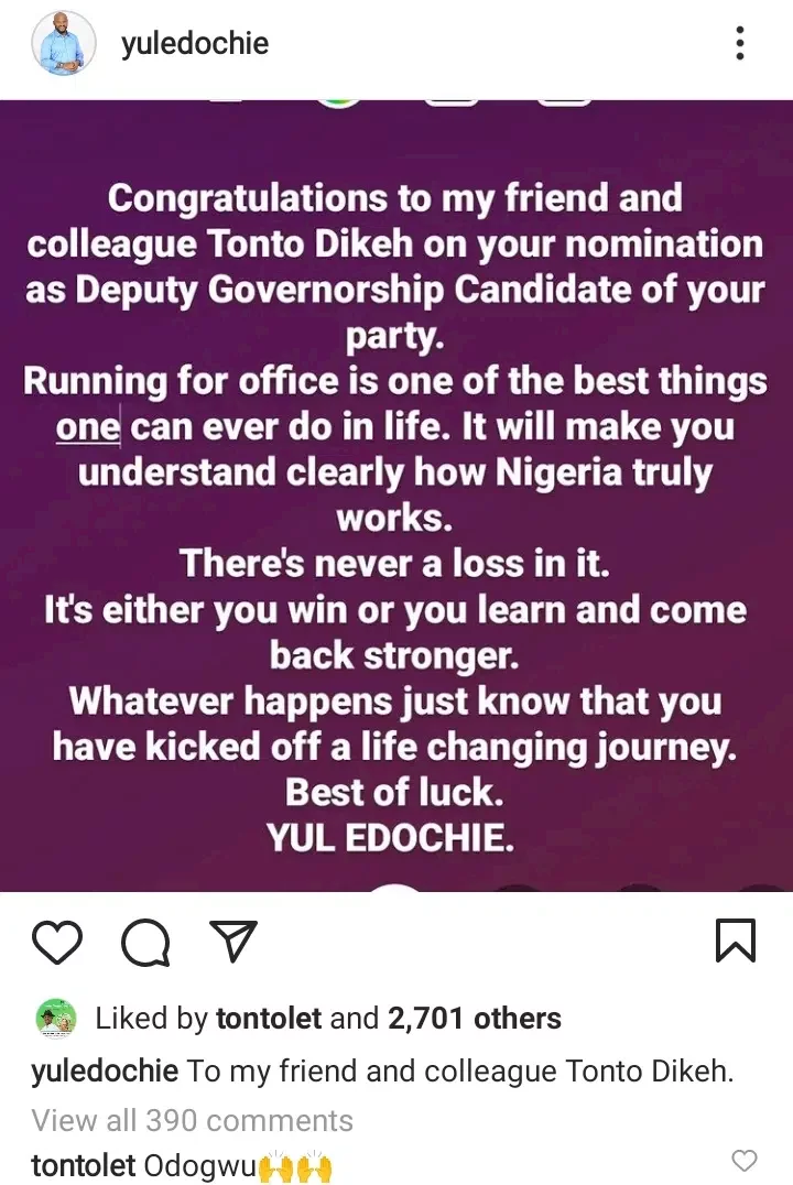 Yul Edochie reacts to Tonto Dikeh's nomination as deputy guber candidate