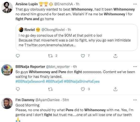 #BBNaija: 'I wish Biggie can allow them to fight without disqualification' - Reactions as Whitemoney and Pere fight dirty in the house