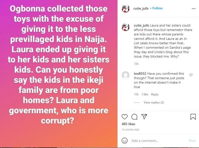 Blogger calls out Laura Ikeji and husband for diverting toys meant for less privileged to their kids