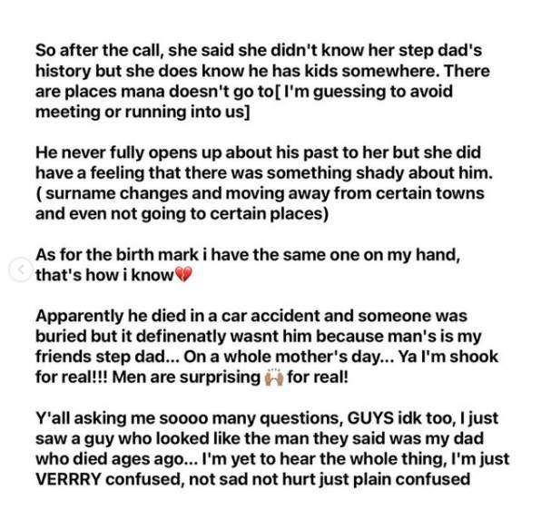 Lady is in shock as she revealed that her dad who's supposed to be dead is her friend's father