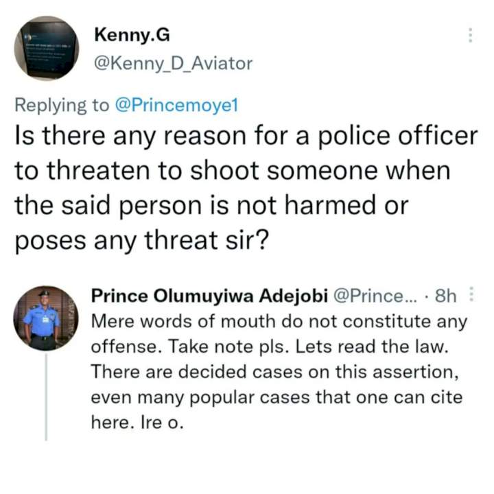 Mere words of mouth do not constitute any offense - CSP Adejobi replies Twitter user who asked if it is okay for police officers to threaten an unharmed individual