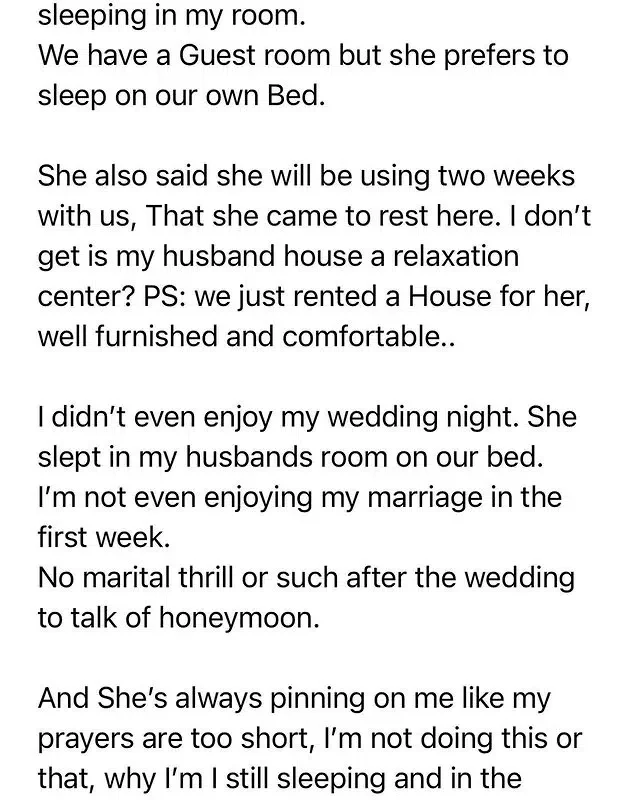 'Is my husband's house a relaxation centre' - Newlywed wife fumes as mother-in-law takes over matrimonial bed