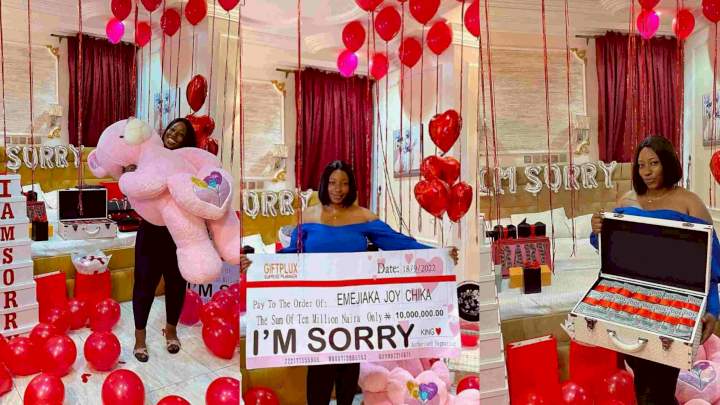 Man apologizes to lover with cheque of N10m, teddy bear, others (Photos)