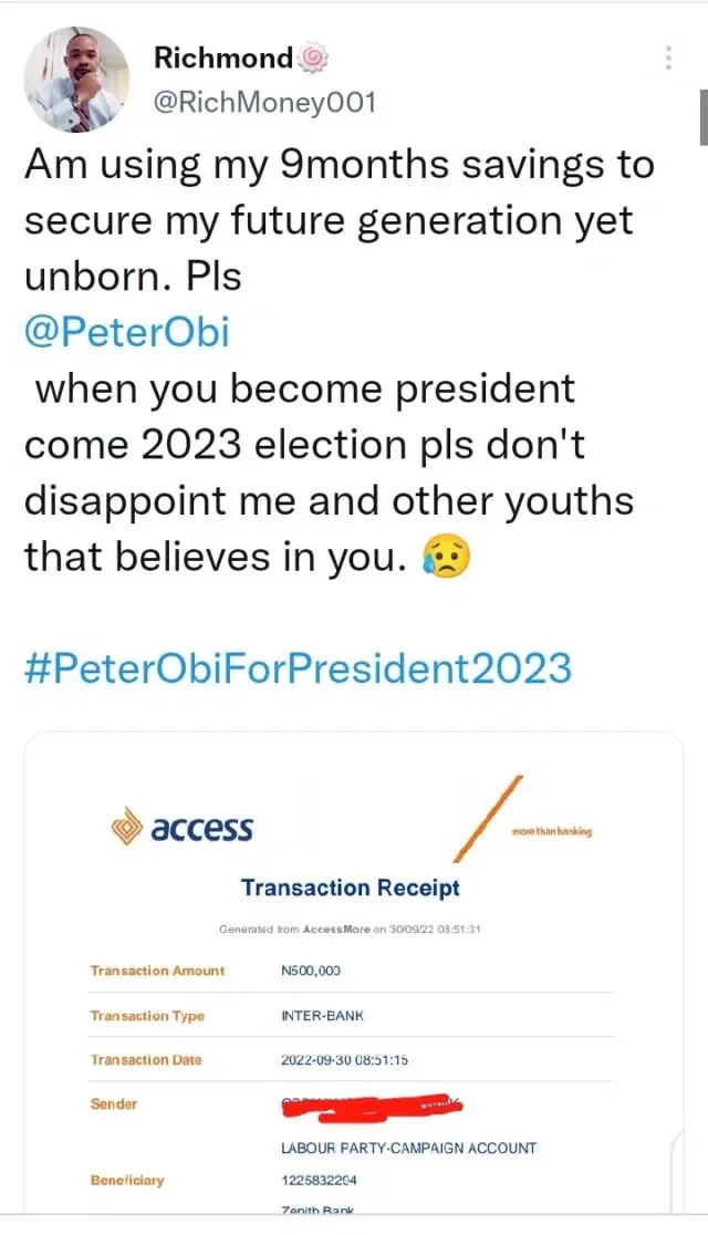 Reactions as man allegedly donates 9 months savings to Peter Obi's campaign