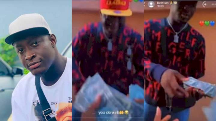 "Machala doings" - Carter Efe shares dollars as he returns from Dubai after signing multi-million naira deal (Video)