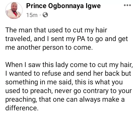 I wanted to refuse and send her back - Nigerian pastor reveals his initial reaction to a female barber brought to cut his hair