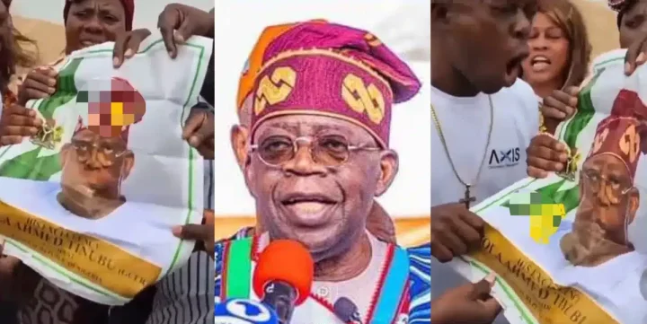 "E don reach like this?" - Netizens react as patriotic Nigerians pray for success of Tinubu's government with his official portrait (Video)