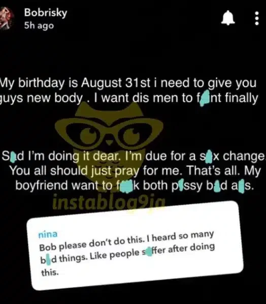 Bobrisky calls for national prayers as he reveals he's set to undergo sex change