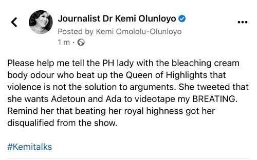 'PH lady with bleaching cream and body odour' - Kemi Olunloyo taunts Tacha for requesting a record of her beating