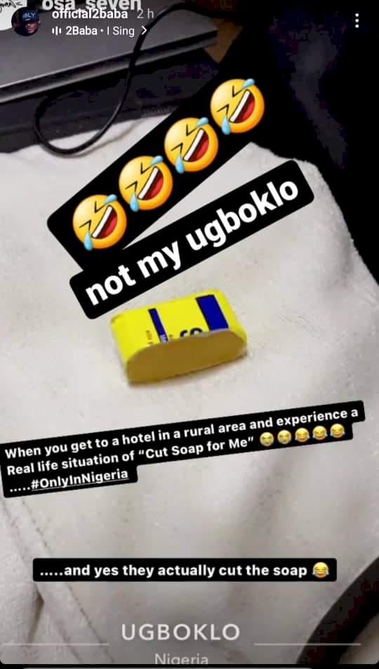 Singer 2Face Idibia reacts after a hotel in his homestate, Benue, cuts a bar soap into two for lodgers to share