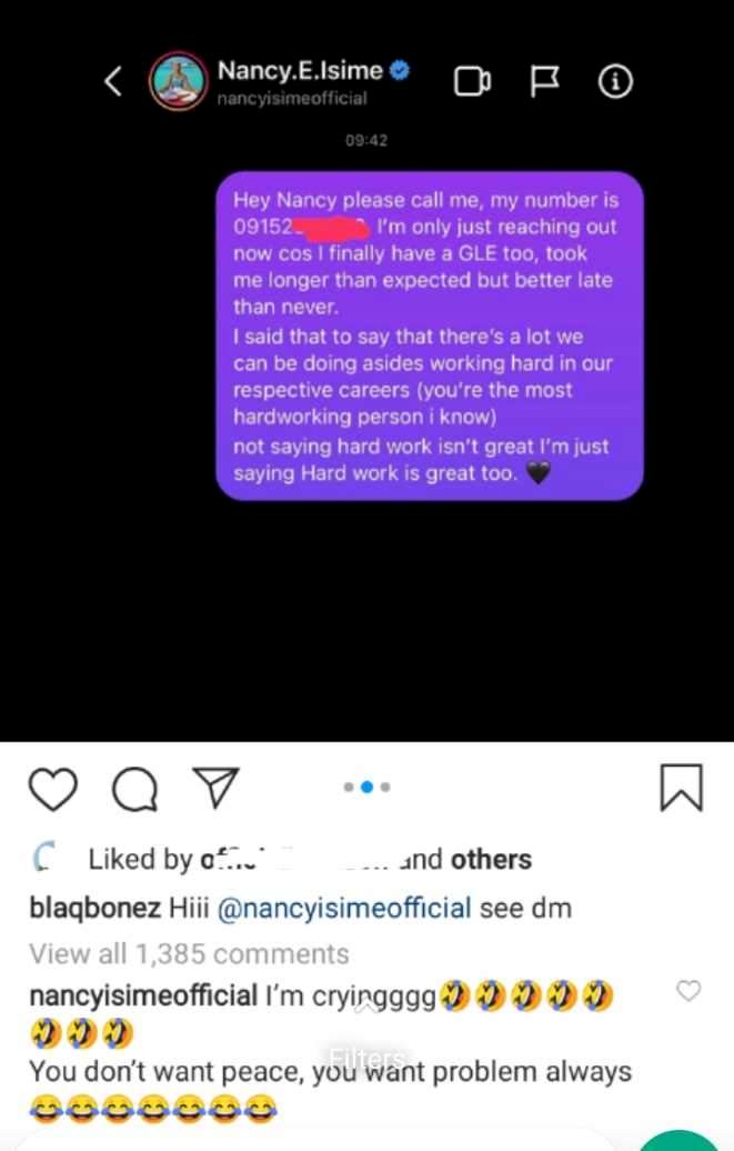 'You want problem always' - Nancy Isime reacts as singer Blaqbones leaks their chat on Instagram