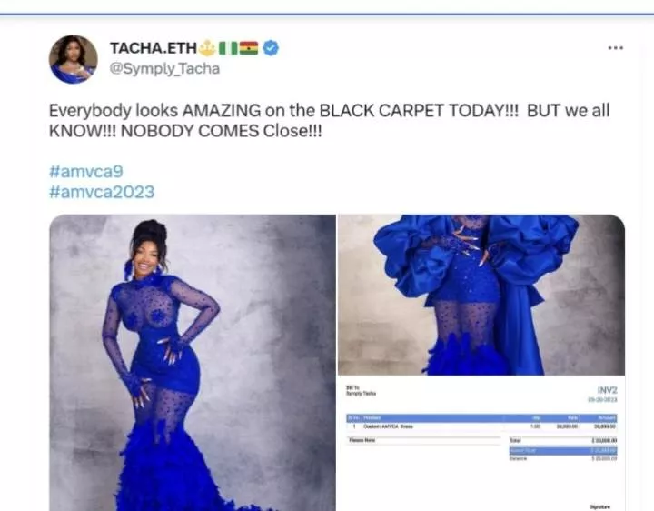 #BBNaija star, Tacha claims she paid $20,000 (15m) for her blue dress to the #AMVCA2023