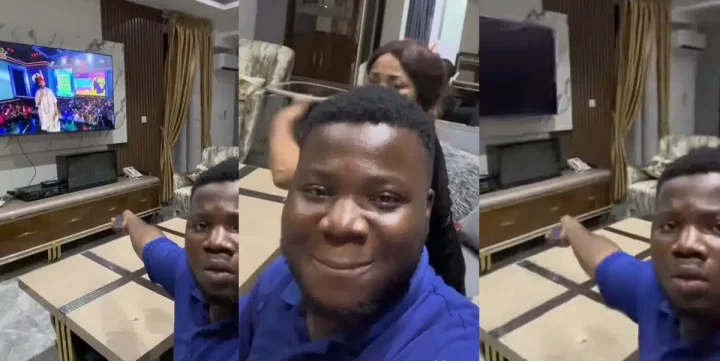 'Factory reset slap' - Nigerian mom delivers hot slap to son's face for switching off TV during BBNaija live eviction show (Video)