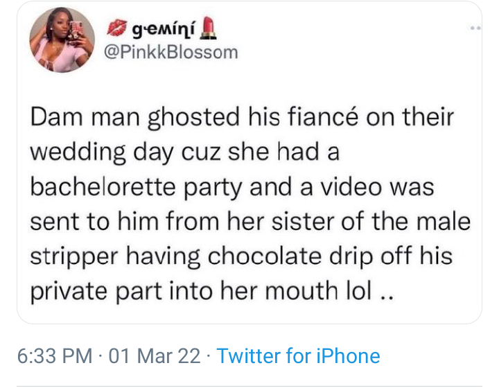 Man ghosts fiancée on wedding day after watching video of her deeds with a male stripper at her bachelorette party