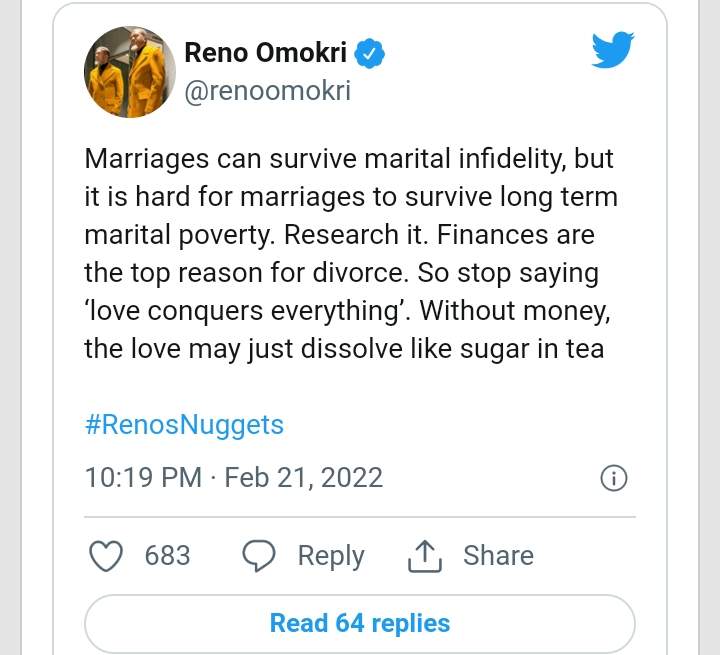 'Marriages can survive marital infidelity, but not marital poverty' - Reno Omokri asserts