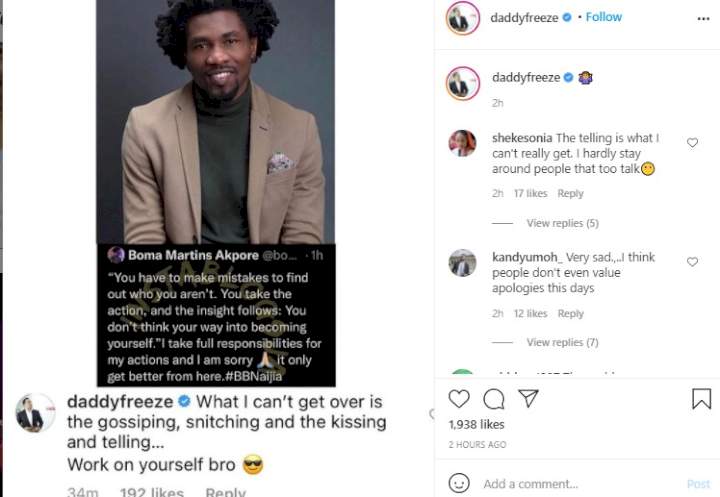 #BBNaija: 'Work on yourself bro' - Daddy Freeze advises Boma about his 'kiss and tell' attitude