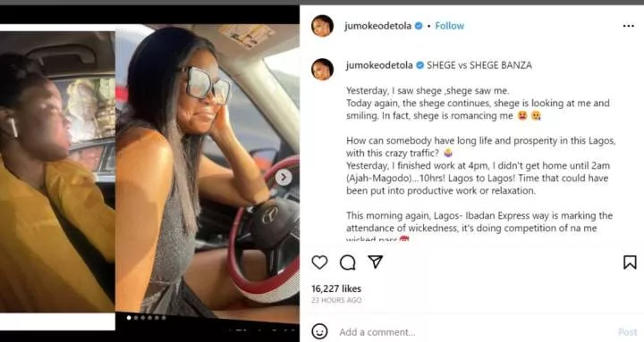 'How can somebody have long life and prosperity in Lagos?' - Actress Jumoke Odetola laments after spending 10 hours in traffic