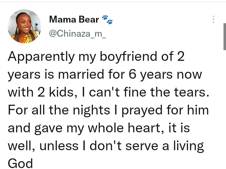 Lady in pains after finding out that her boyfriend of 2 years has been married for 6 years