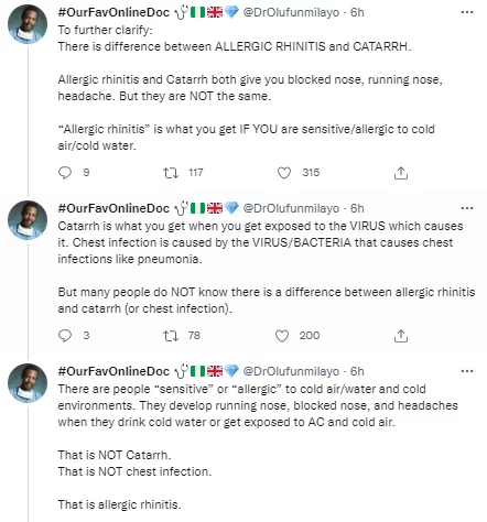 'Drinking cold water does not cause Catarrh' - Nigerian doctor educates Nigerians