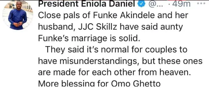 Close friends of Funke Akindele reportedly break silence on the state of actress' marriage to JJC Skillz