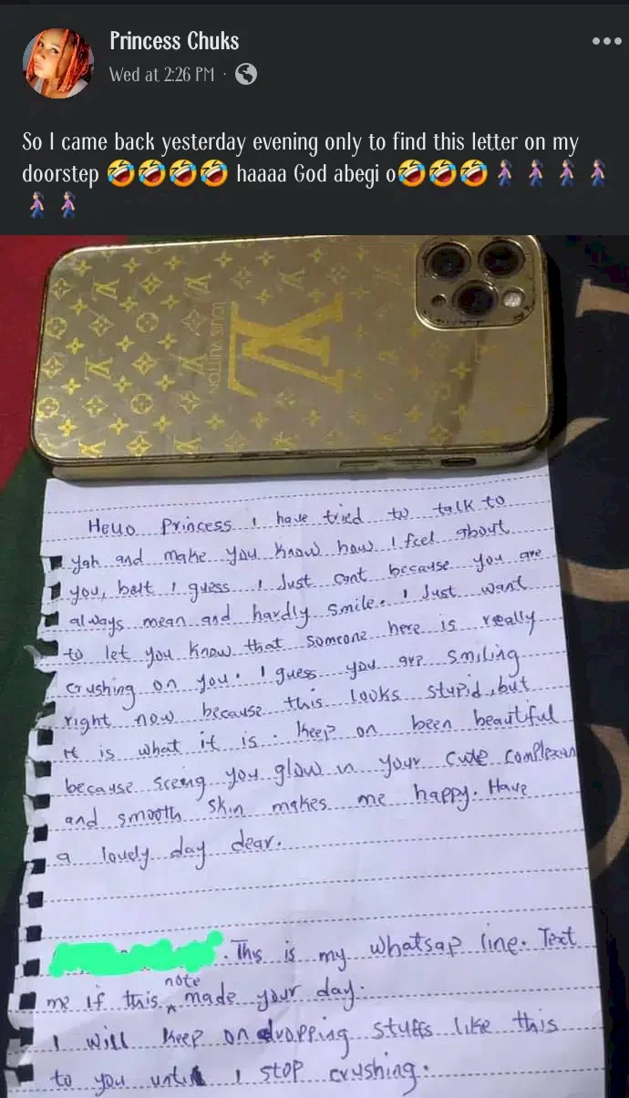'So sweet' - Nigerian lady shares photo of the note an admirer left at her doorstep