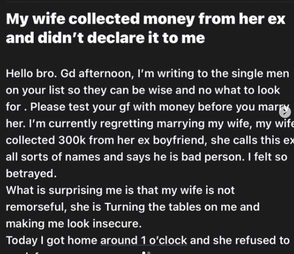 'My wife collected the sum of N300k from her ex and didn't tell me'- Man laments