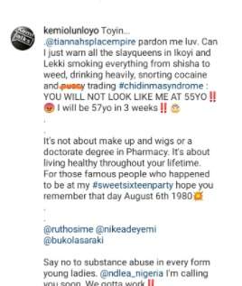 'You will not look like me at 57 years' - Kemi Olunloyo warns slay queens in Ikoyi smoking hard drugs and shisha