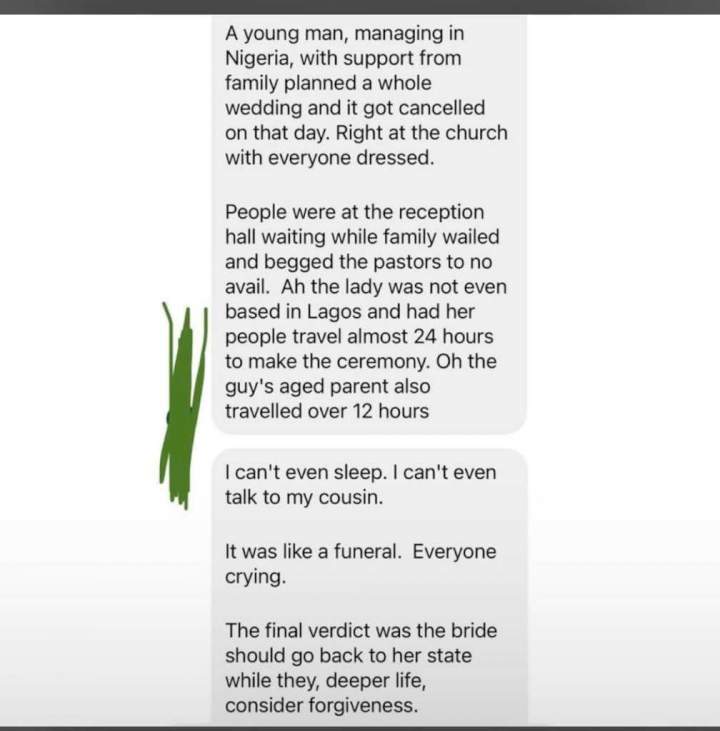 Deeper Life pastor allegedly cancels wedding after groom kissed bride three-days to their marriage