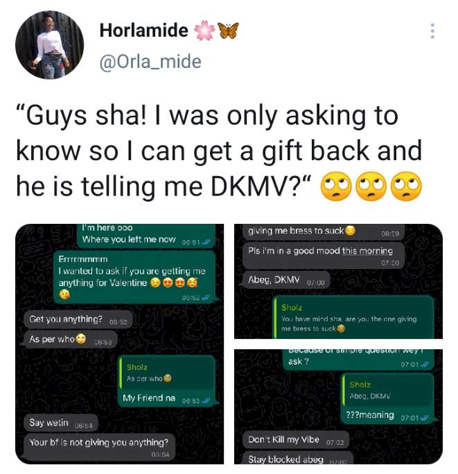 Reactions as lady shares her chat with man who blocked her ahead of Valentine's day