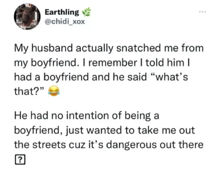 Lady unveils how her husband snatched her from ex-boyfriend