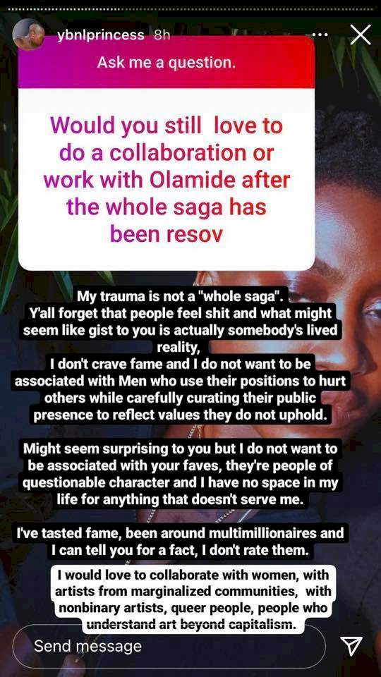 'He stopped me from releasing songs' - Singer, Temmie Ovwasa narrates how Olamide allegedly destroyed her musical career