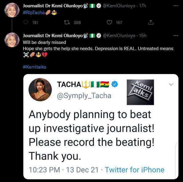 'R.I.P Tacha, you'll be dearly missed' - Kemi Olunloyo comes for Tacha as she revisits old feud