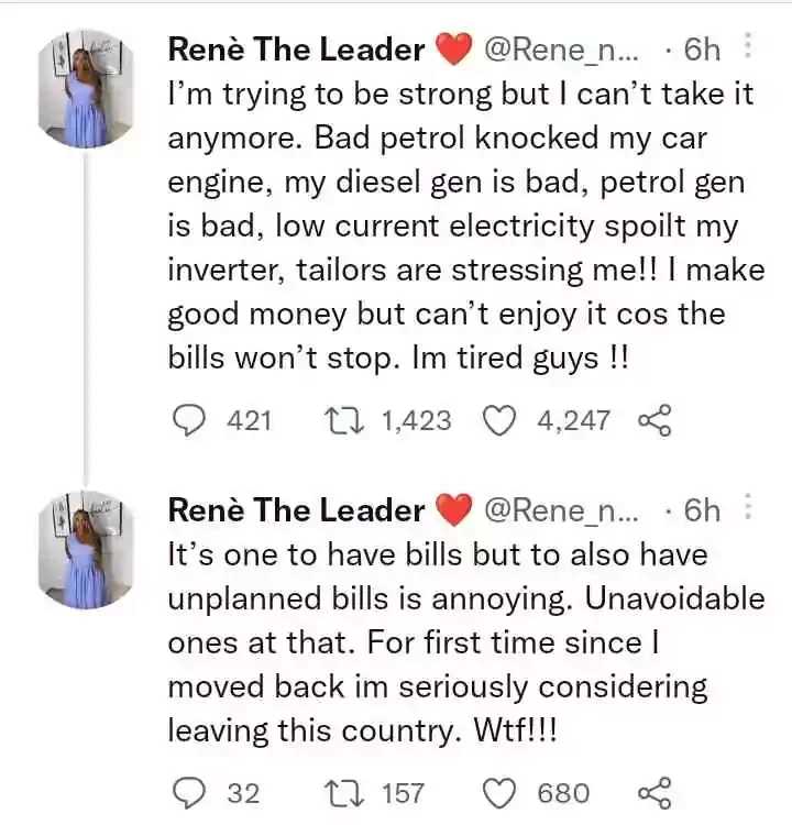 'I'm trying to be strong but I can't take it anymore' - Lady regrets relocating back to Nigeria after bad petrol ruined her car and generator